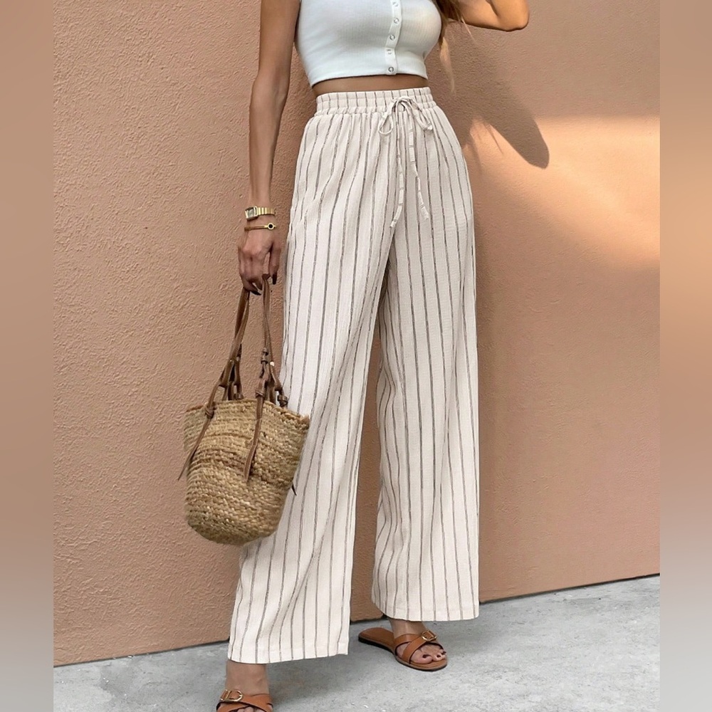 New! Striped Cream Wide-Leg Pants - Picture 2 of 4